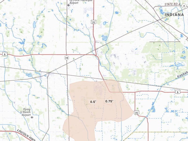 Radar-estimated hail-size map of the storm over La Porte, IN on Jul 18, 2026