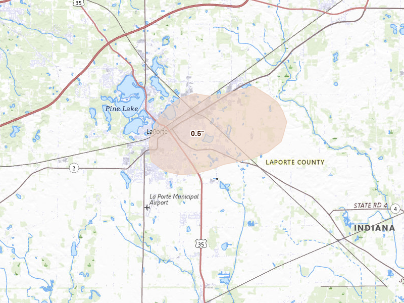 Radar-estimated hail-size map of the storm over La Porte, IN on Aug 9, 2026