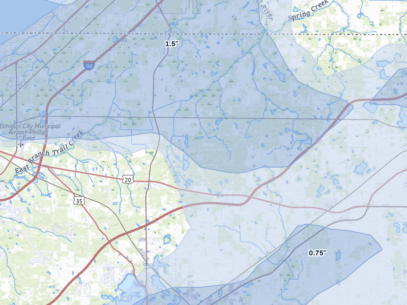 NEXRAD radar-signature map of the hail storm over La Porte, IN on Aug 9, 2026