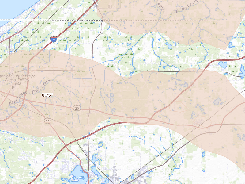 Radar-estimated hail-size map of the storm over La Porte, IN on Aug 10, 2026