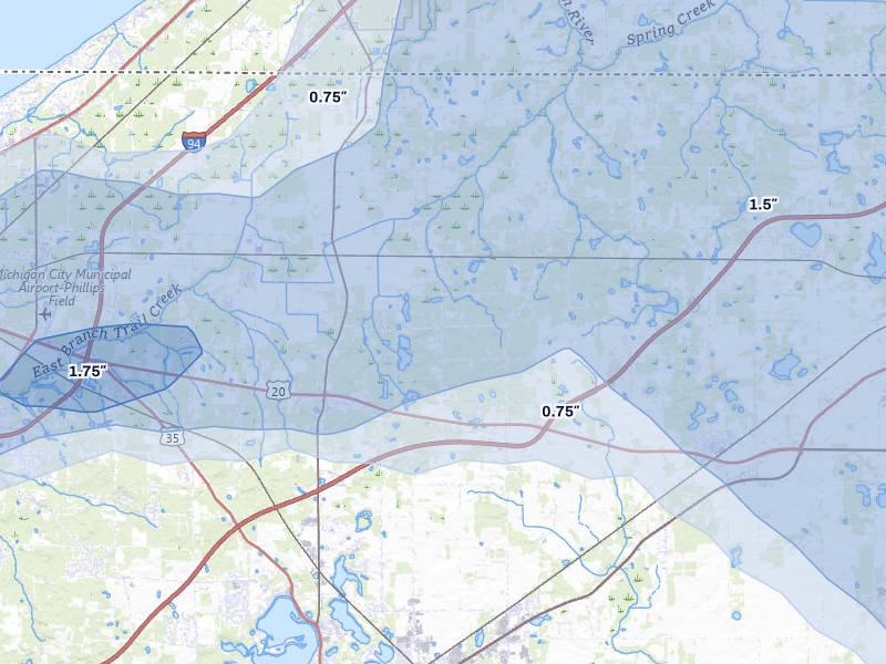 NEXRAD radar-signature map of the hail storm over La Porte, IN on Aug 10, 2026