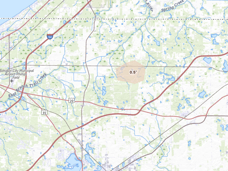 Radar-estimated hail-size map of the storm over La Porte, IN on Aug 12, 2026
