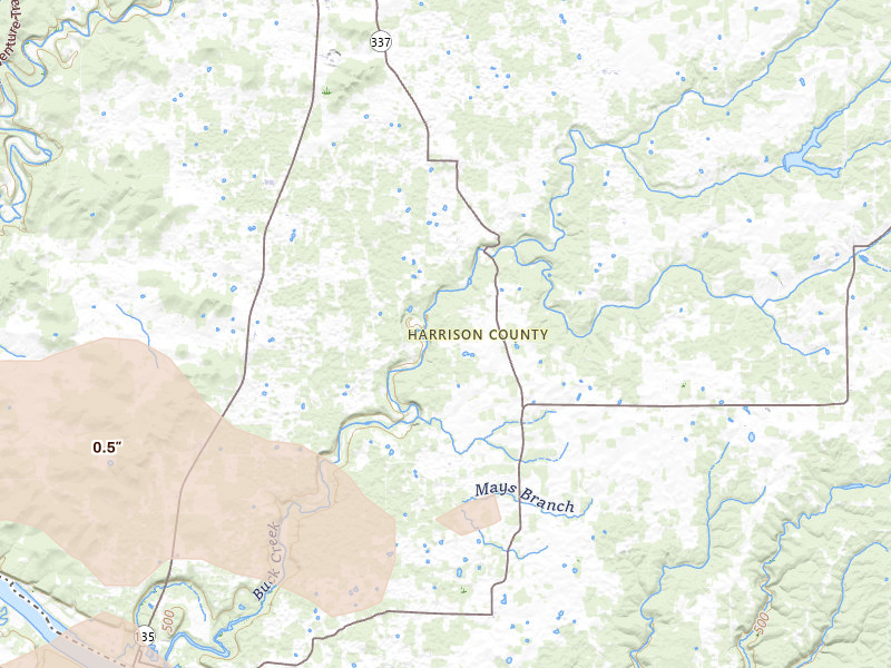 Radar-estimated hail-size map of the storm over Laconia, IN on Jul 21, 2026