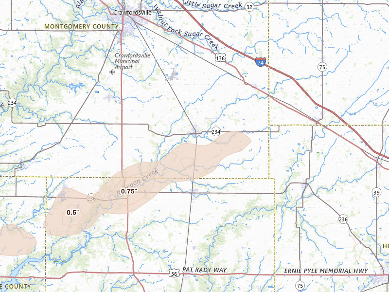 Radar-estimated hail-size map of the storm over Ladoga, IN on Apr 27, 2026
