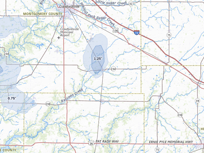 NEXRAD radar-signature map of the hail over Ladoga, IN