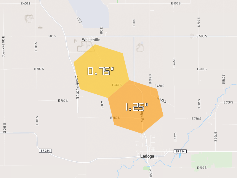 Hail map of Ladoga, IN on Jul 4, 2026, hail up to 1.25"