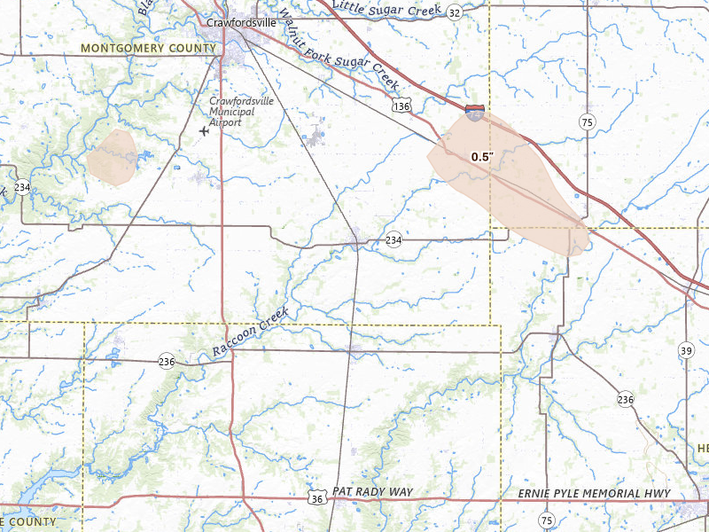 Radar-estimated hail-size map of the storm over Ladoga, IN on Jul 18, 2026
