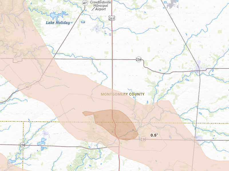 Radar-estimated hail-size map of the storm over Ladoga, IN on Aug 11, 2026