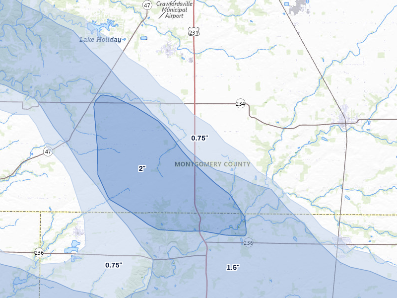 NEXRAD radar-signature map of the hail storm over Ladoga, IN on Aug 11, 2026