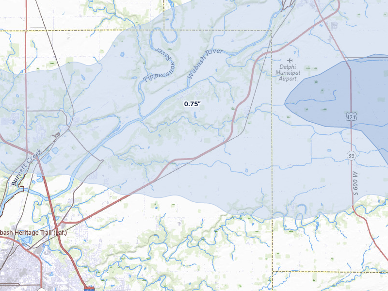 NEXRAD radar-signature map of the hail storm over Lafayette, IN on Mar 22, 2026