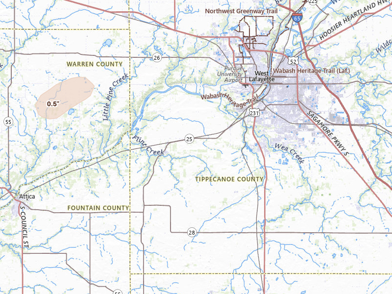 Radar-estimated hail-size map of the storm over Lafayette, IN on Apr 3, 2026