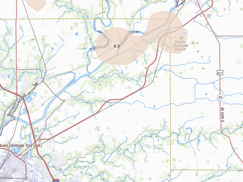Radar-estimated hail-size map of the storm over Lafayette, IN on Jun 6, 2026