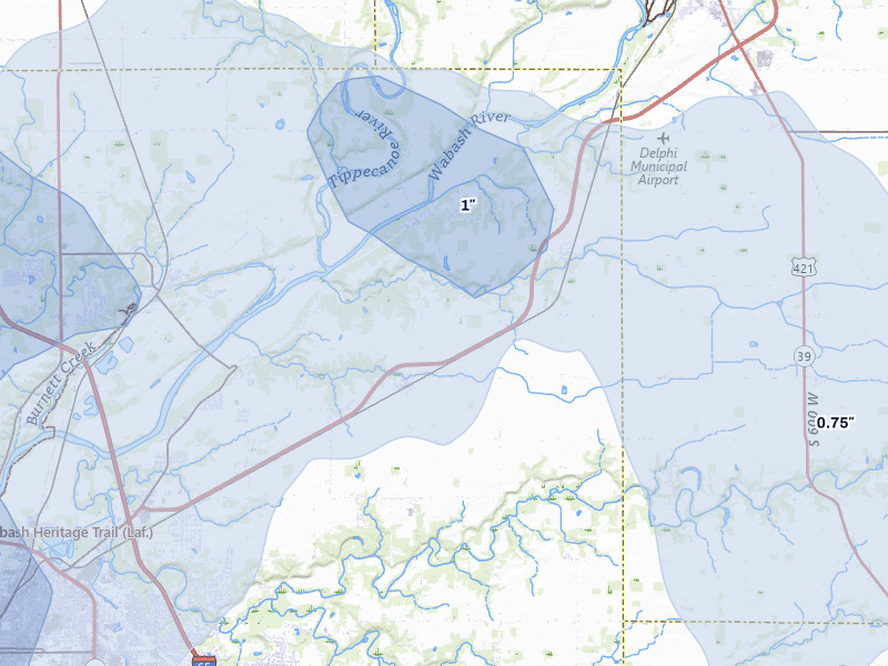 NEXRAD radar-signature map of the hail storm over Lafayette, IN on Jun 6, 2026