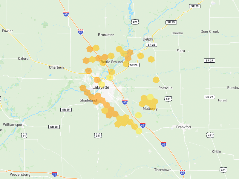 Hail map of Lafayette, IN on Jun 6, 2026, hail up to 1.25"