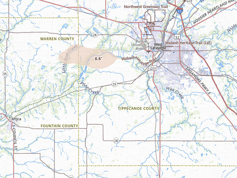 Radar-estimated hail-size map of the storm over Lafayette, IN on Jun 9, 2026