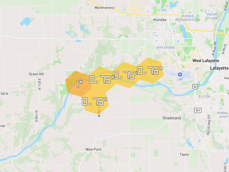 Hail map of Lafayette, IN on Jun 9, 2026, hail up to 1"