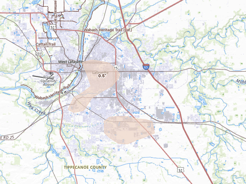 Radar-estimated hail-size map of the storm over Lafayette, IN on Aug 21, 2026