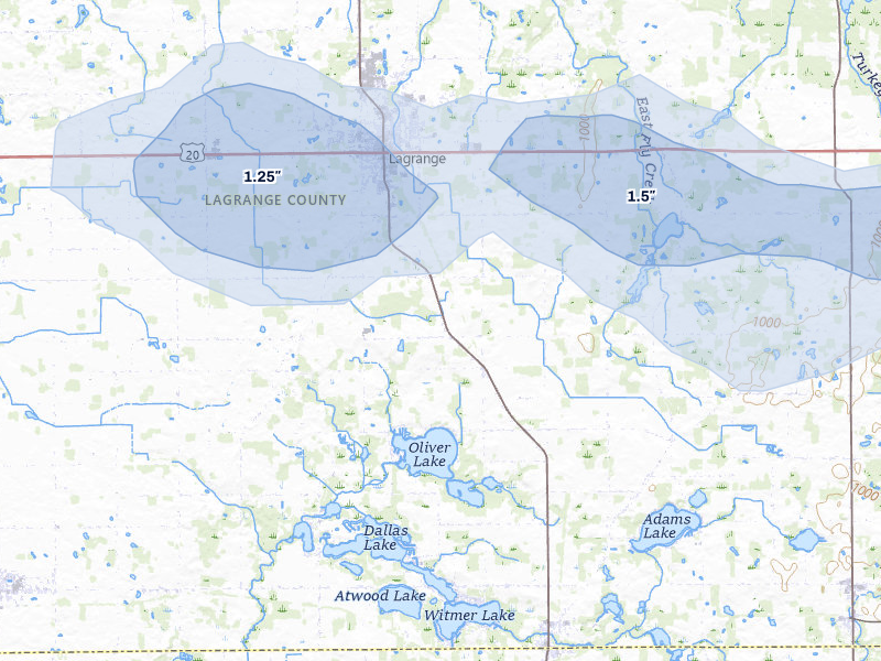 NEXRAD radar-signature map of the hail over Lagrange, IN