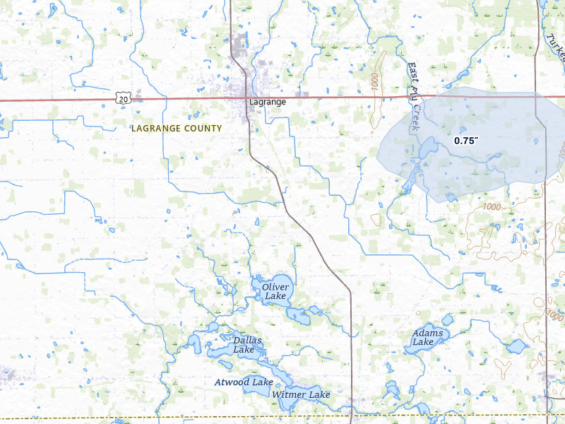 NEXRAD radar-signature map of the hail over Lagrange, IN