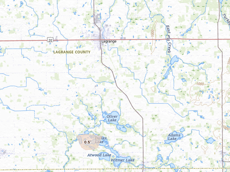 Radar-estimated hail-size map of the storm over Lagrange, IN on Jun 6, 2026