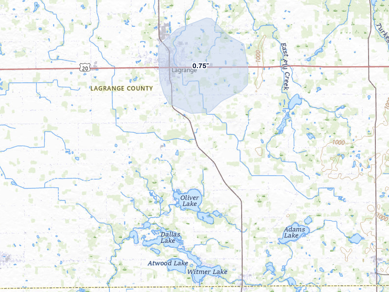 NEXRAD radar-signature map of the hail storm over Lagrange, IN on Jul 20, 2026