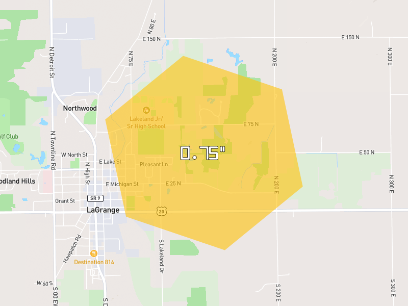 Hail map of Lagrange, IN on Jul 21, 2026, hail up to 0.75"