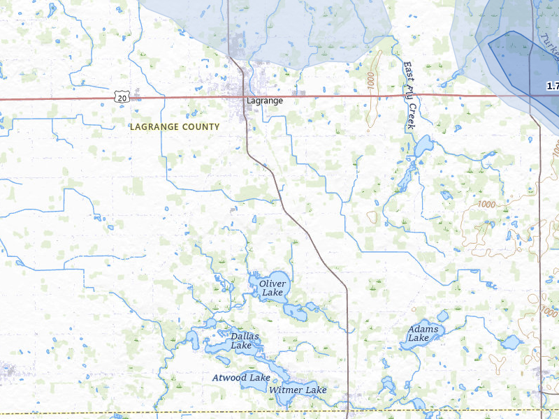 NEXRAD radar-signature map of the hail storm over Lagrange, IN on Jul 27, 2026