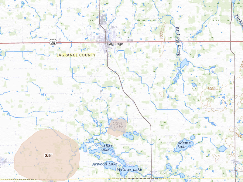 Radar-estimated hail-size map of the storm over Lagrange, IN on Aug 9, 2026