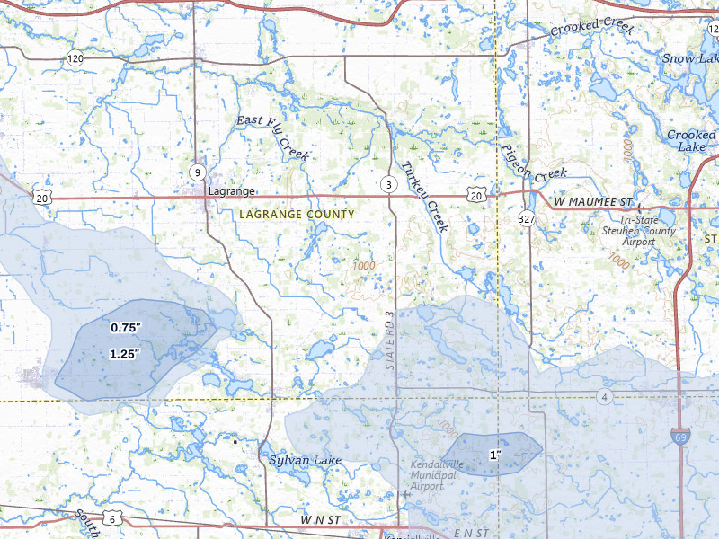 NEXRAD radar-signature map of the hail storm over Lagrange, IN on Aug 9, 2026