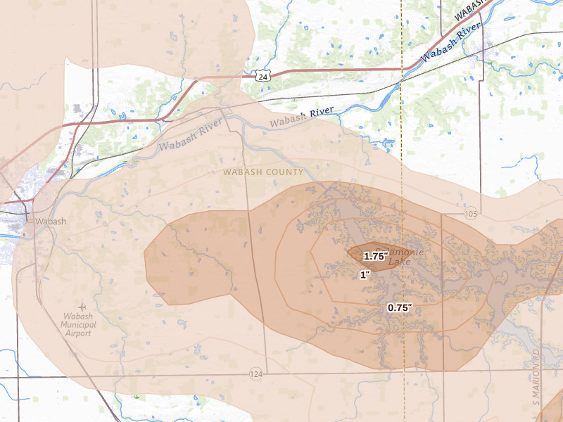 Radar-estimated hail-size map of the storm over Lagro, IN on Mar 26, 2026