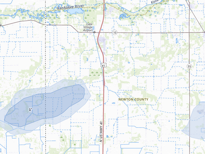 NEXRAD radar-signature map of the hail storm over Lake Village, IN on Jul 9, 2026