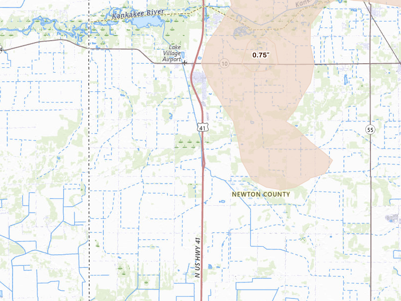 Radar-estimated hail-size map of the storm over Lake Village, IN on Jul 27, 2026