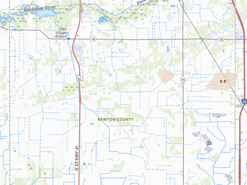 Radar-estimated hail-size map of the storm over Lake Village, IN on Aug 19, 2026