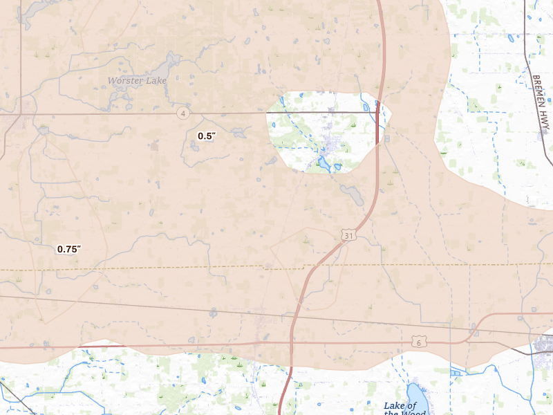 Radar-estimated hail-size map of the storm over Lakeville, IN on Mar 10, 2026