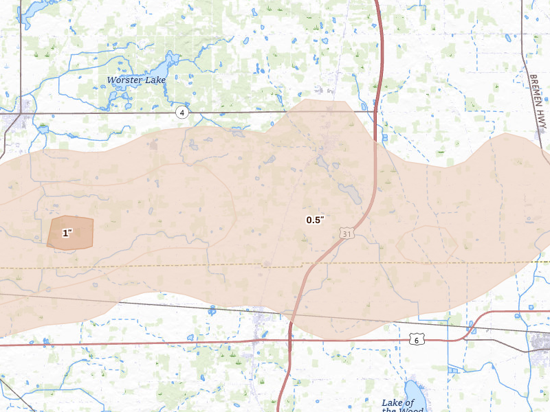 Radar-estimated hail-size map of the storm over Lakeville, IN on Aug 9, 2026