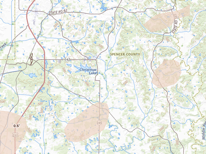 Radar-estimated hail-size map of the storm over Lamar, IN on May 19, 2026