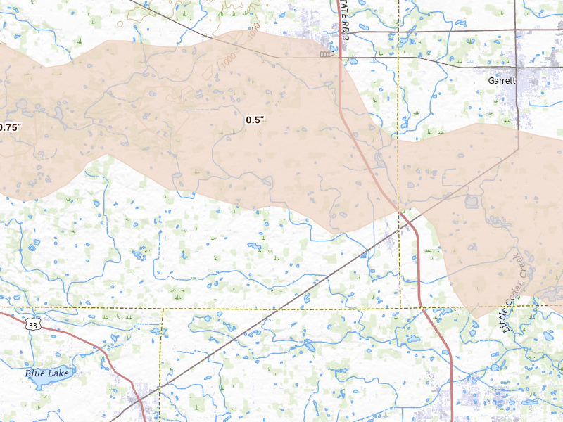 Radar-estimated hail-size map of the storm over Laotto, IN on Mar 31, 2026