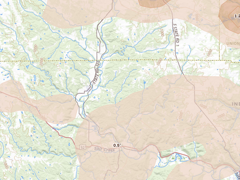 Radar-estimated hail-size map of the storm over Laurel, IN on Aug 7, 2026