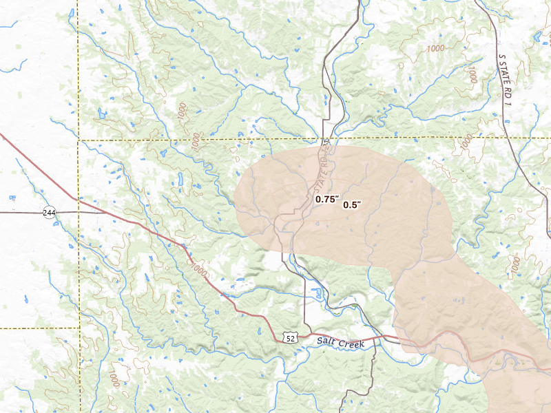 Radar-estimated hail-size map of the storm over Laurel, IN on Sep 4, 2026