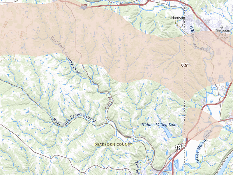Radar-estimated hail-size map of the storm over Lawrenceburg, IN on Jul 21, 2026