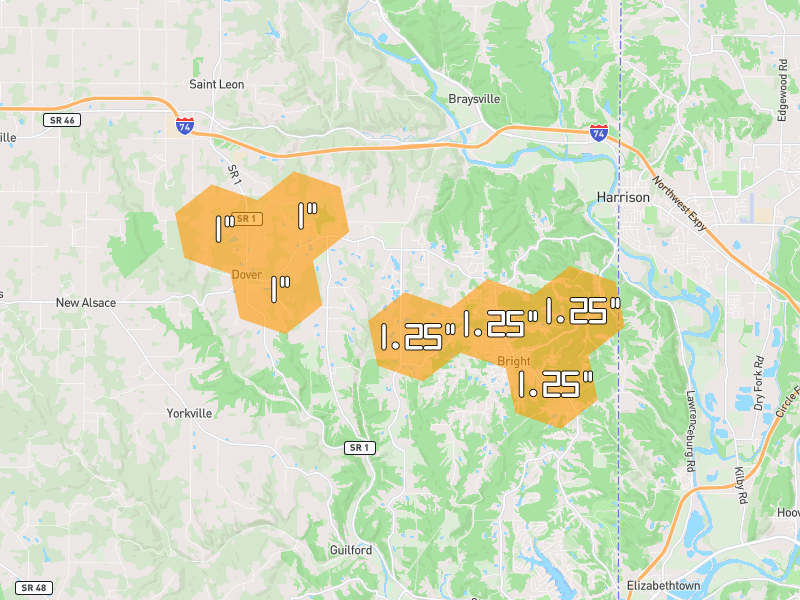 Hail map of Lawrenceburg, IN on Jul 21, 2026, hail up to 1.25"