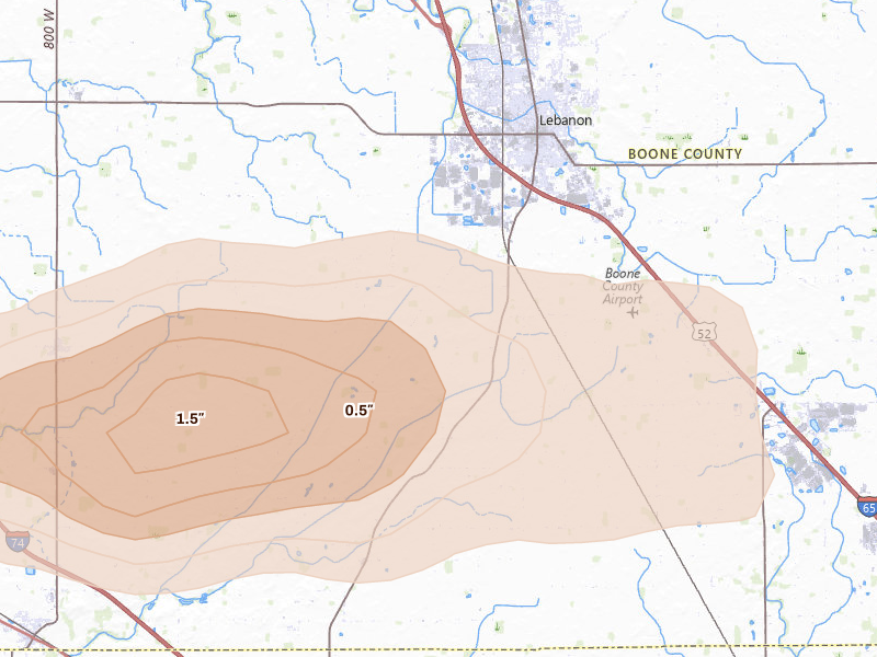 Radar-estimated hail-size map of the storm over Lebanon, IN