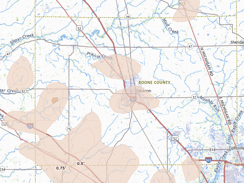 Radar-estimated hail-size map of the storm over Lebanon, IN on Aug 11, 2026