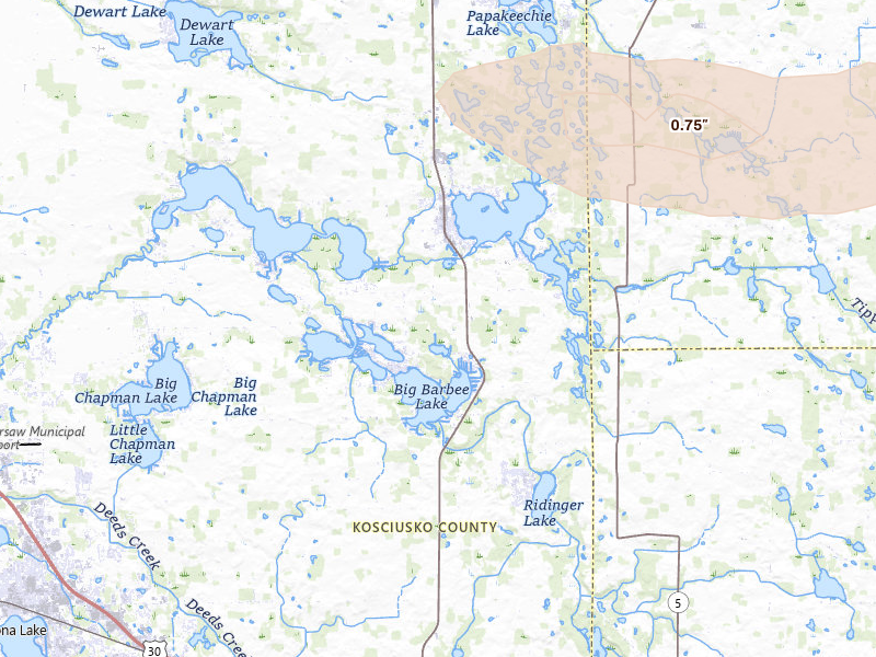 Radar-estimated hail-size map of the storm over Leesburg, IN on Apr 22, 2026