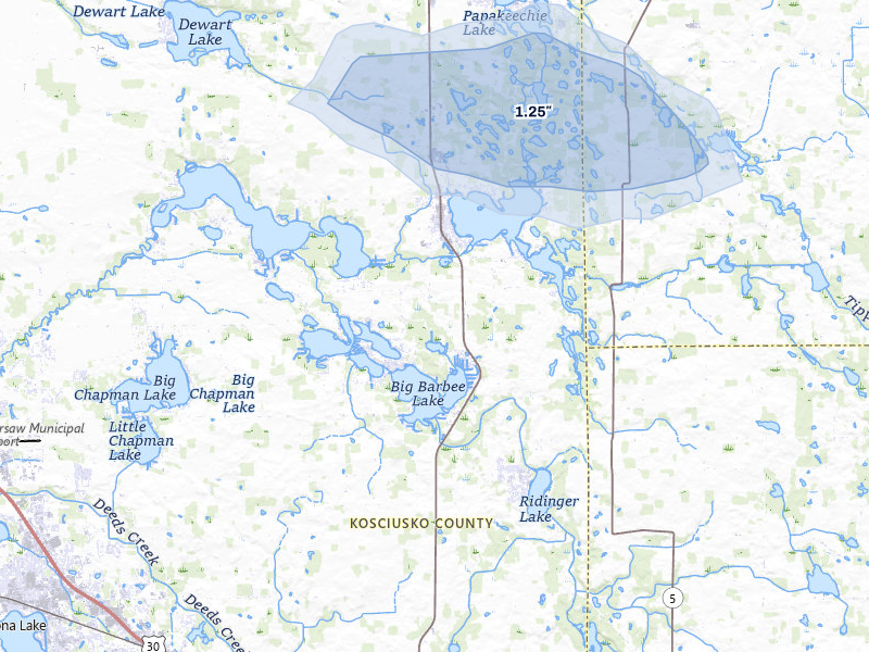 NEXRAD radar-signature map of the hail storm over Leesburg, IN on Apr 22, 2026