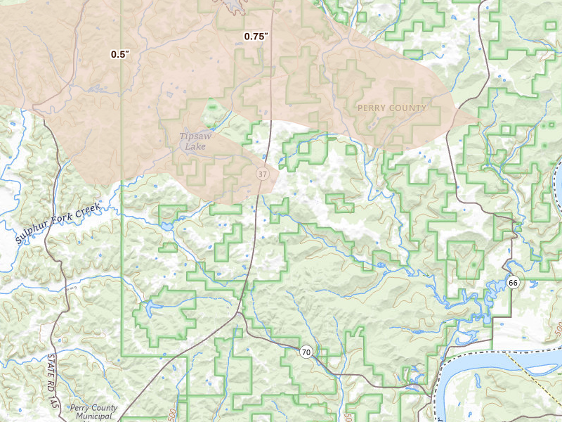 Radar-estimated hail-size map of the storm over Leopold, IN on Jul 21, 2026