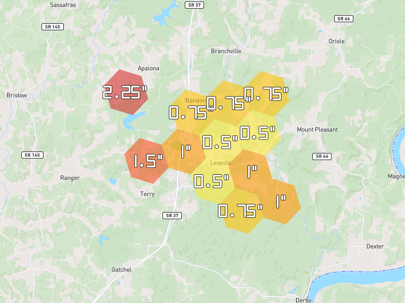Hail map of Leopold, IN on Jul 21, 2026, hail up to 2.25"
