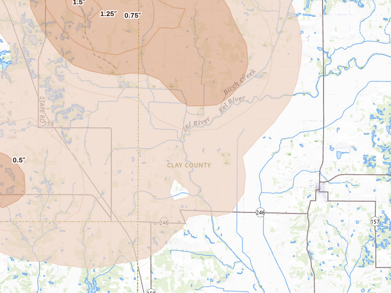 Radar-estimated hail-size map of the storm over Lewis, IN on Aug 11, 2026