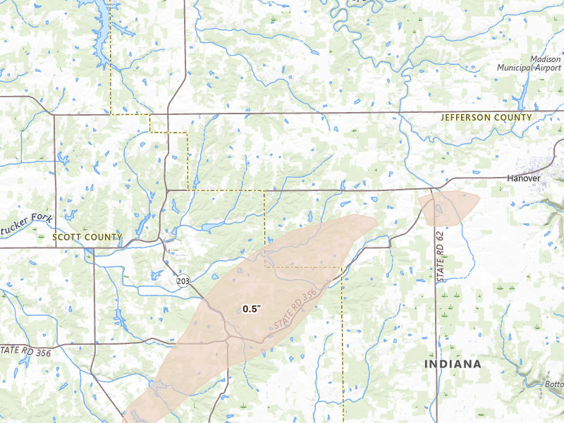 Radar-estimated hail-size map of the storm over Lexington, IN on Apr 1, 2026