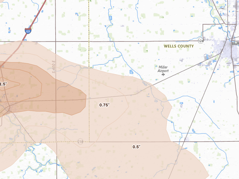 Radar-estimated hail-size map of the storm over Liberty Center, IN on Mar 26, 2026